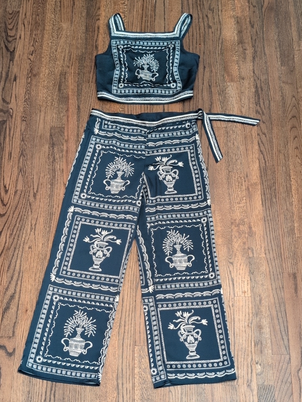 H&M Navy and White Straight-Leg Pants & Crop Top Set
